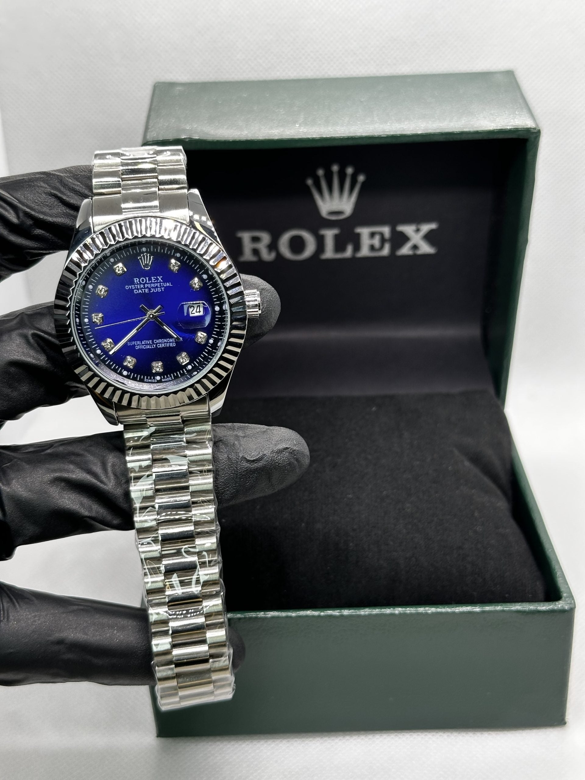 Rolex Oyster Perpetual Stainless Steel Blue Dial Silver chain